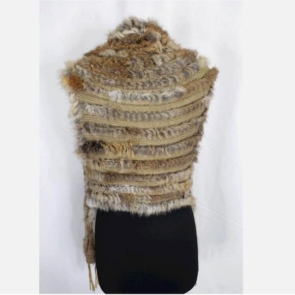 Real Rabbit Fur Knitted Vest w Fringe Tassels Pockets Stole Gilet Brown Women OS - Picture 6 of 7